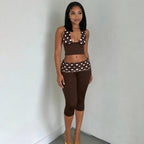 Patchwork Polka Dot Print Two Piece Set With Backless Halter Crop Top And Pleated Waist Capri Pants