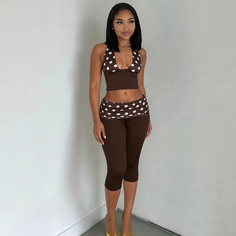 Patchwork Polka Dot Print Two Piece Set With Backless Halter Crop Top And Pleated Waist Capri Pants