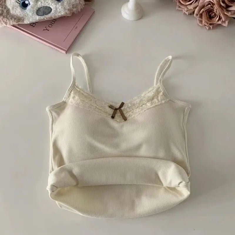 Lace Patchwork Corset Cami Featuring Bow And Chest Pad