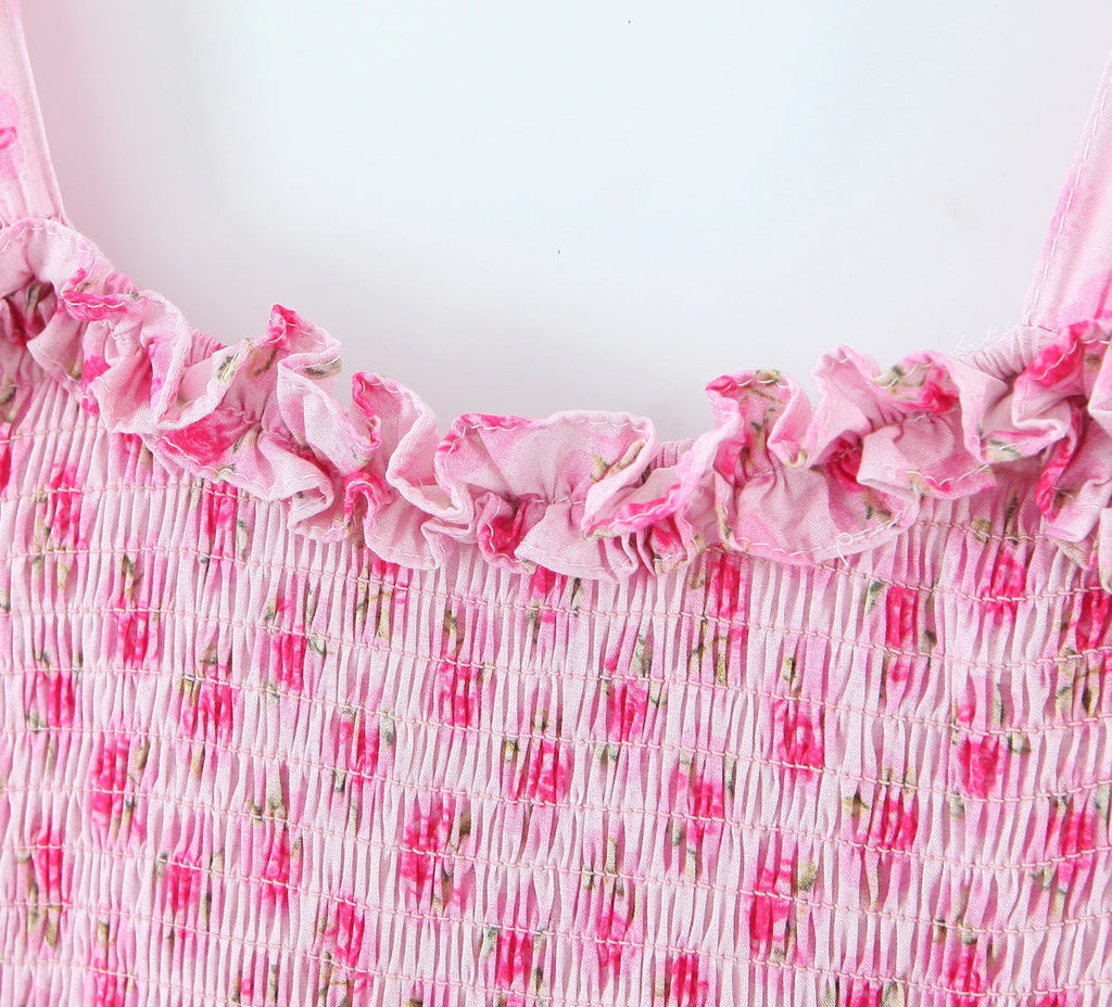 Flower Print Corset Ruched Elastic Body Sling Mini Square Collar Ruffles Hem Dress