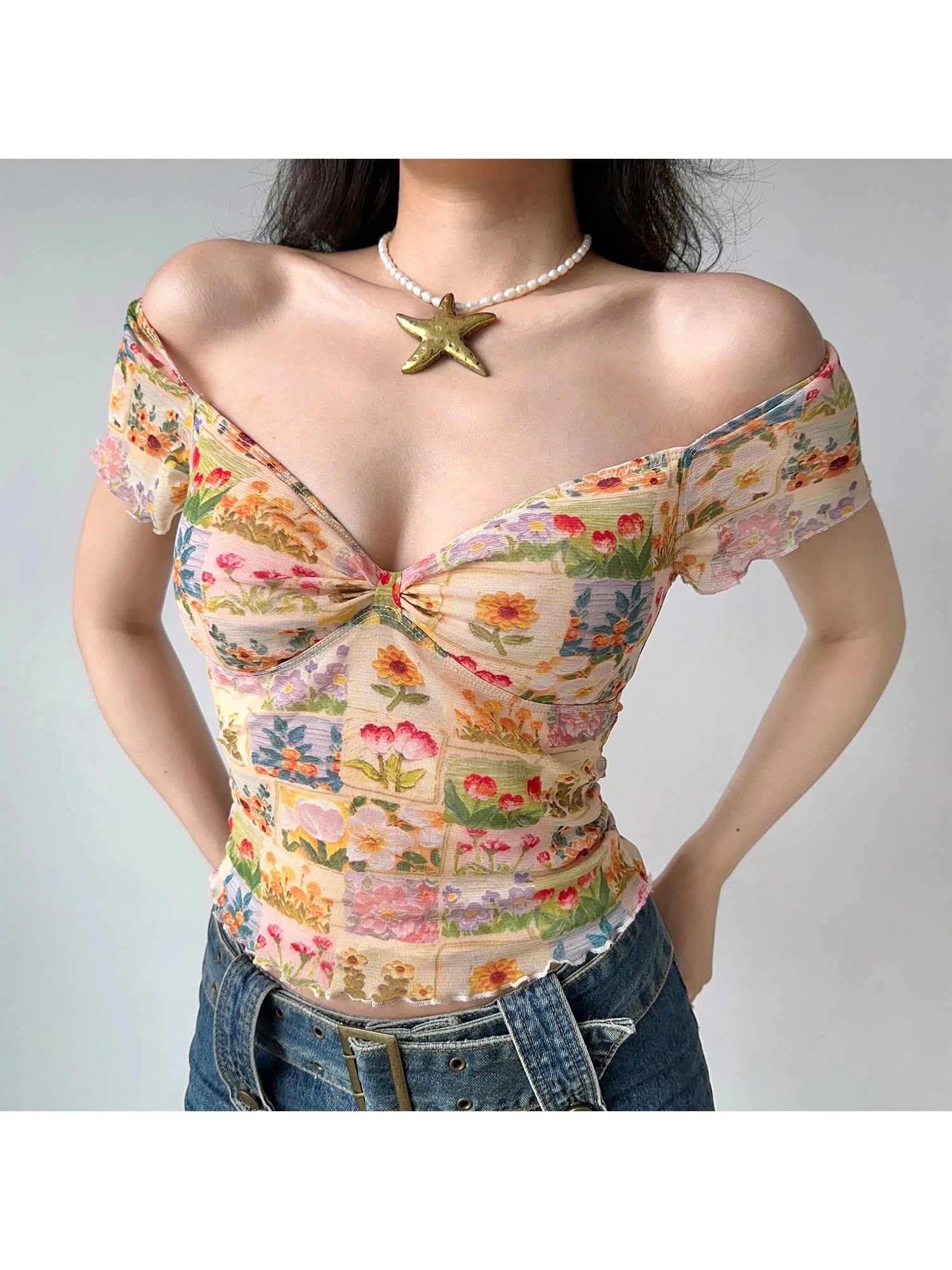Yellow Floral Lace Mesh V Neck Tee Top