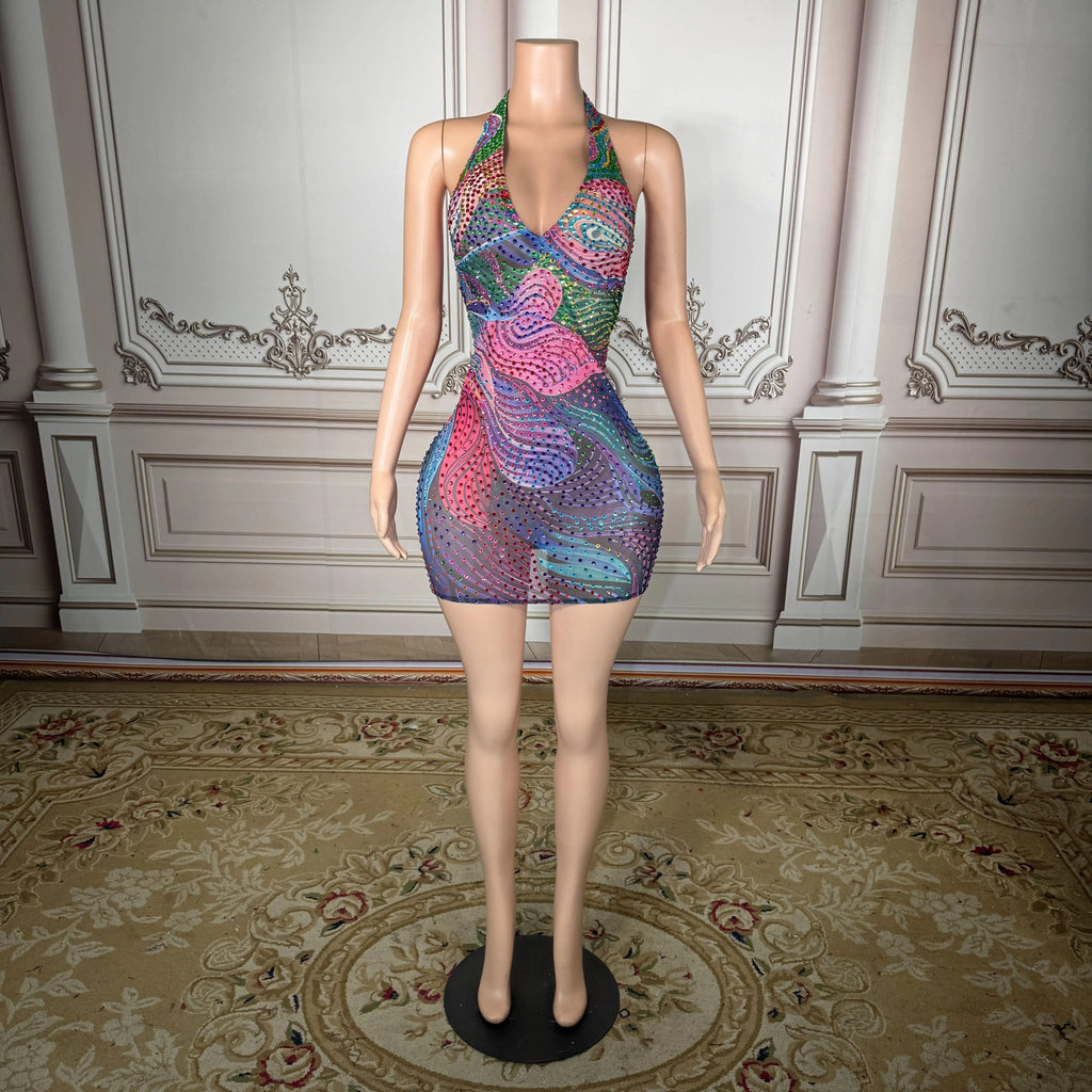 Plus Size Glam Night Sheer Mesh Dress With Colorful Rhinestones