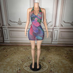 Plus Size Glam Night Sheer Mesh Dress With Colorful Rhinestones