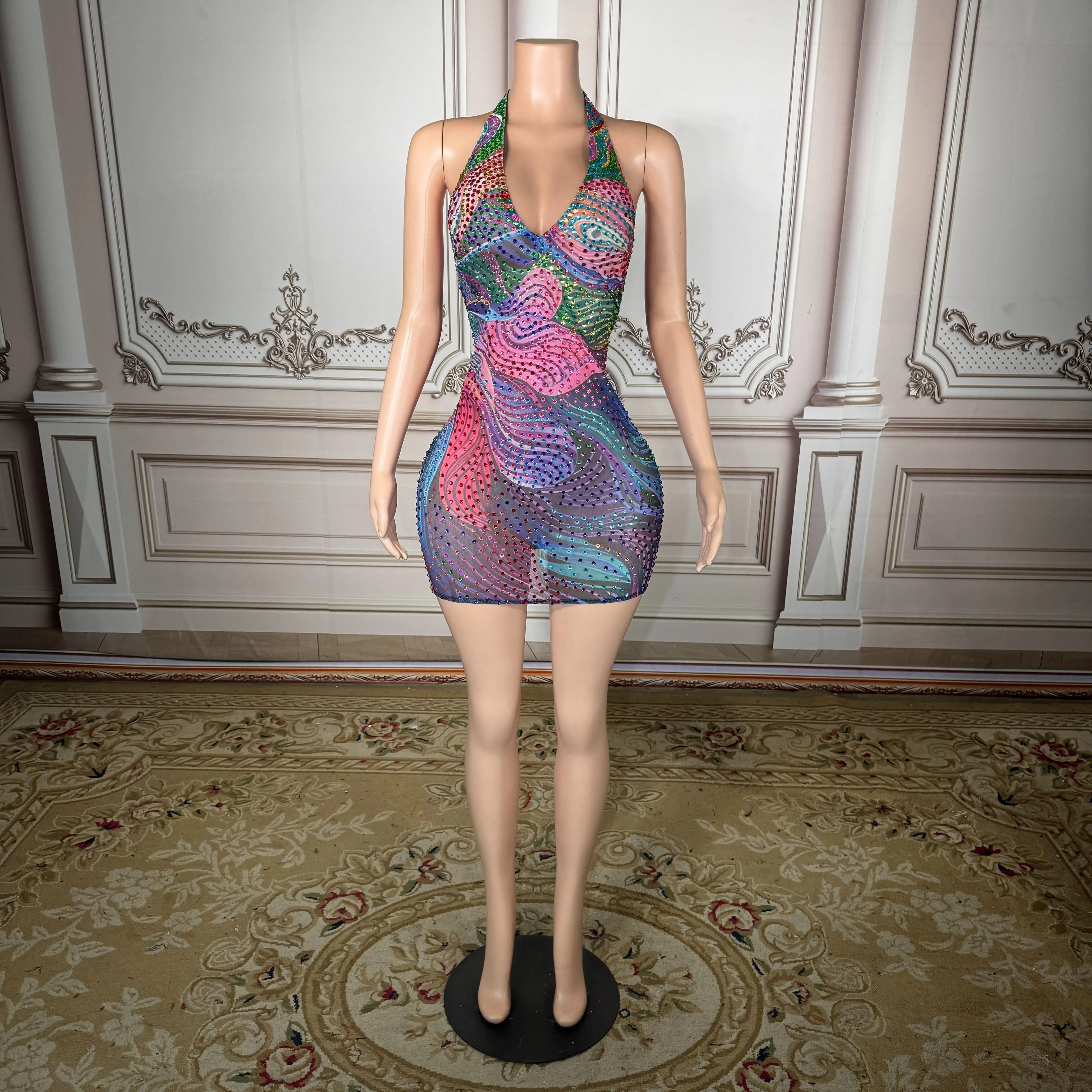 Plus Size Glam Night Sheer Mesh Dress With Colorful Rhinestones