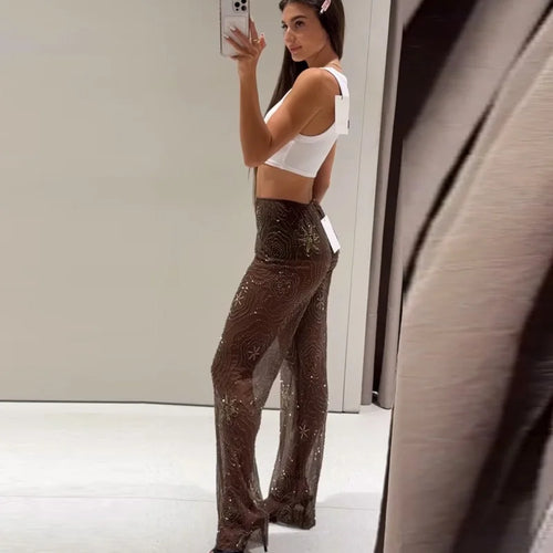 Beaded High Waist Pants With Sequin Embellishment