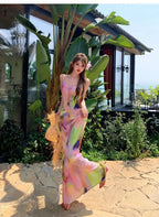 Pink Tie Dye Spaghetti Strap Maxi Dress For Beach Vacation Pleated Sleeveless Elegant Bodycon
