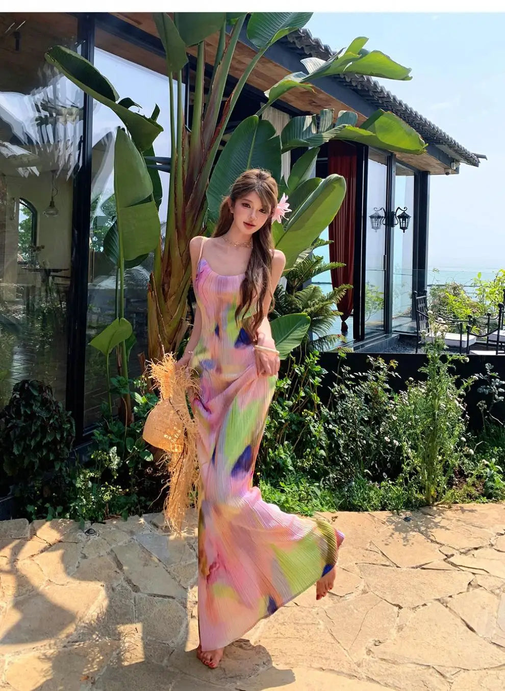 Pink Tie Dye Spaghetti Strap Maxi Dress For Beach Vacation Pleated Sleeveless Elegant Bodycon