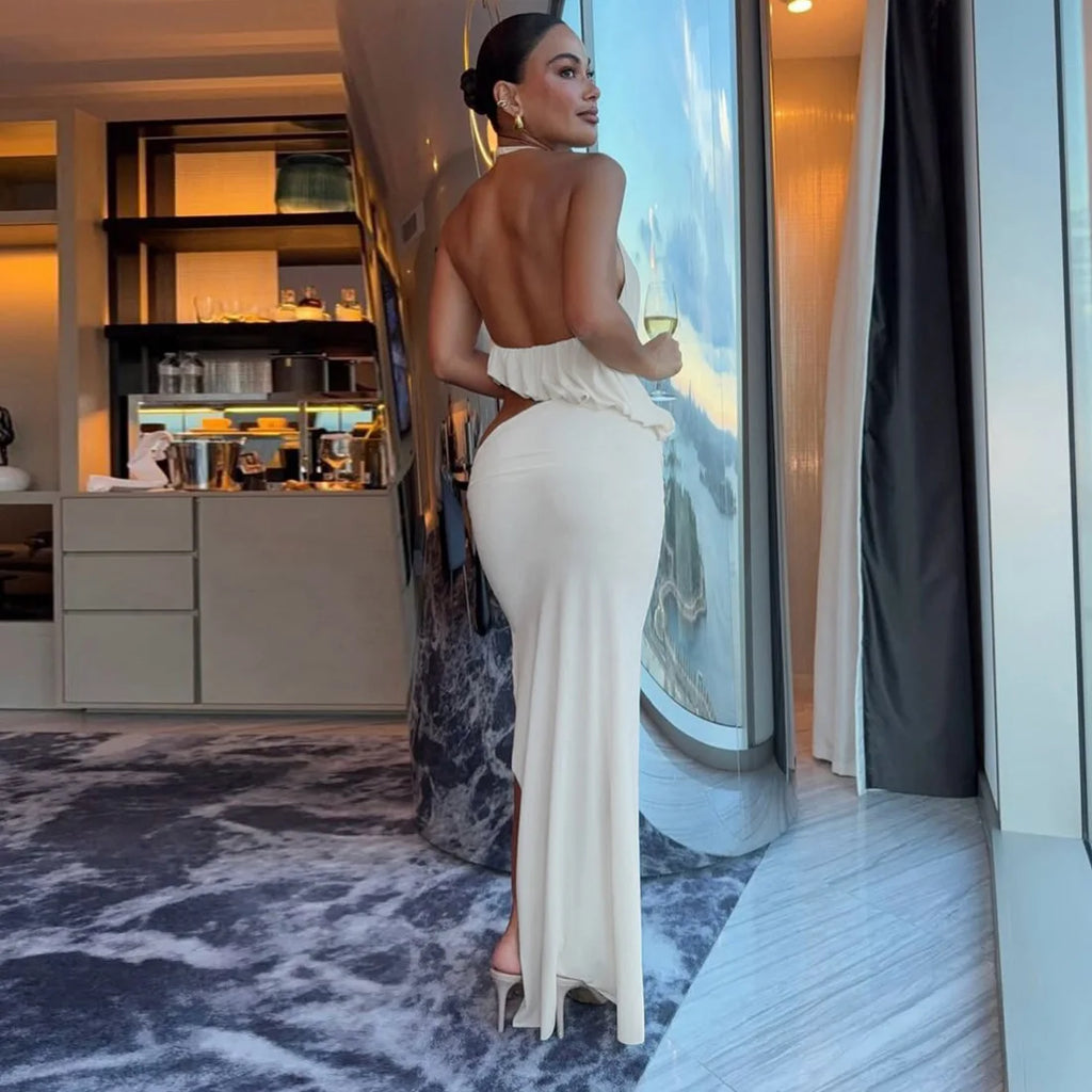 White Halter Ruched Two Piece Maxi Set Backless Asymmetric High Low Skirt