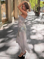 Midnight Peach Sequin Patchwork Maxi Dress Strapless