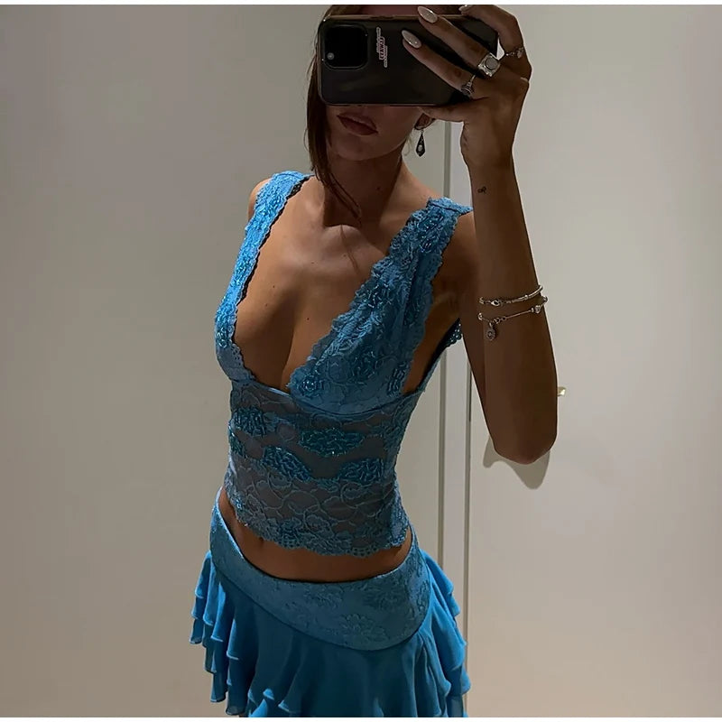 Sequin V-Neck Lace Top Ruffle Skirt Set Slim Fit Sleeveless Sheer