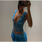Sequin V-Neck Lace Top Ruffle Skirt Set Slim Fit Sleeveless Sheer