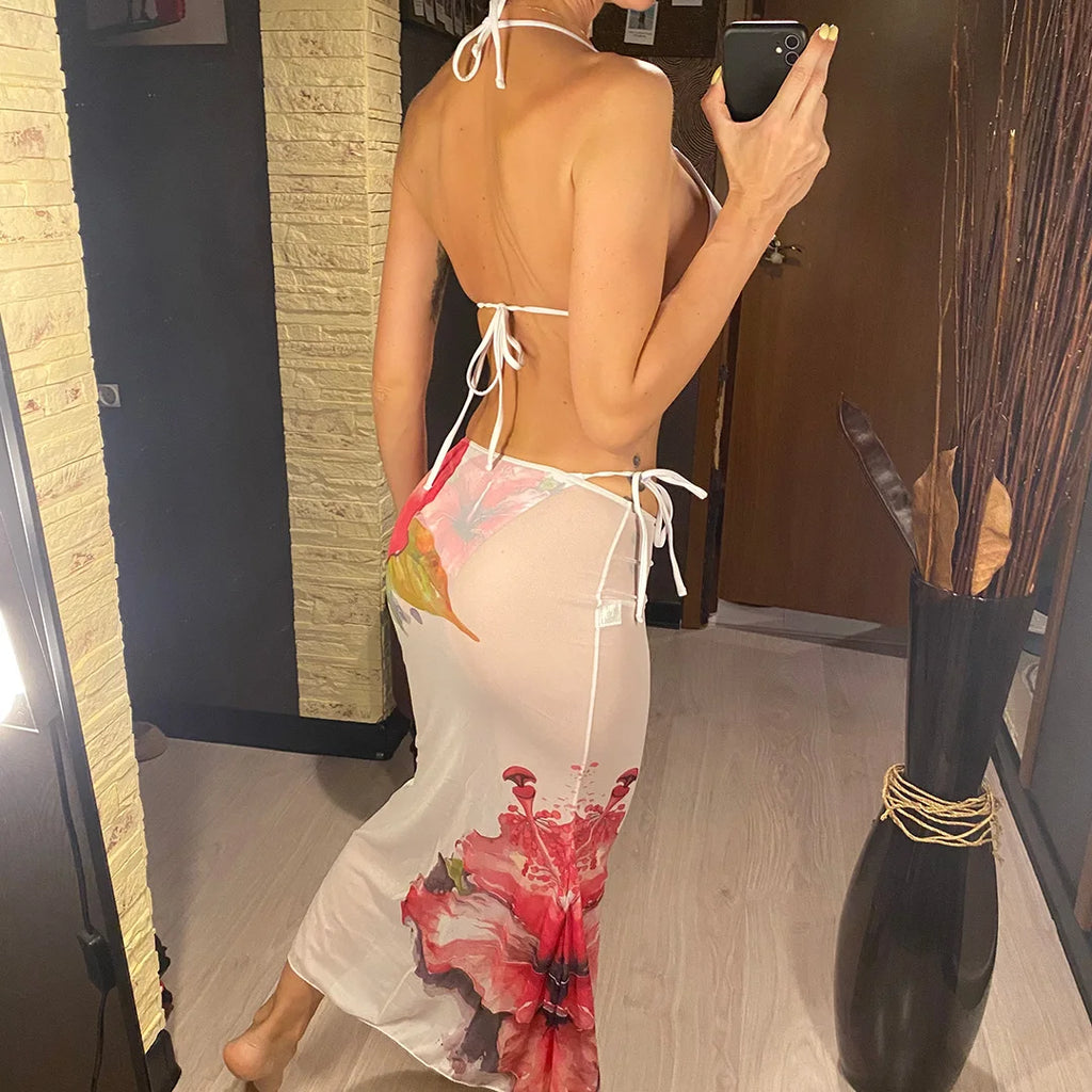 Flowers Printed With Skirt Halter Bikini Three-pieces Bikini set