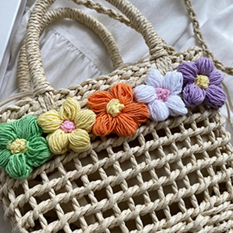 Straw Woven Shoulder Bag With Floral Details