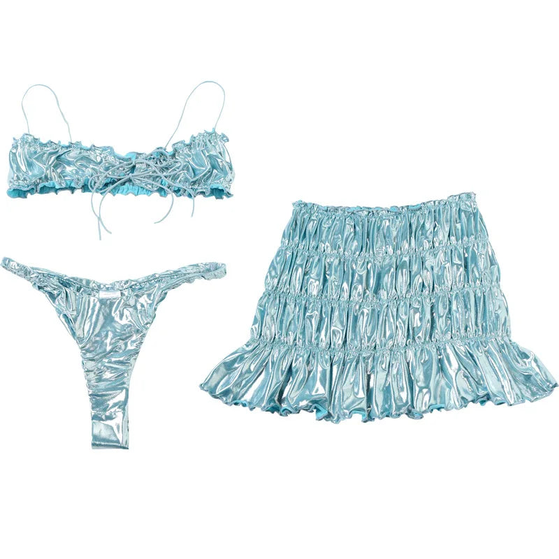 Fashion Metallic Shiny Women Ruched Crop Tops+Mini Skirts+Panties 3 Piece Outfits