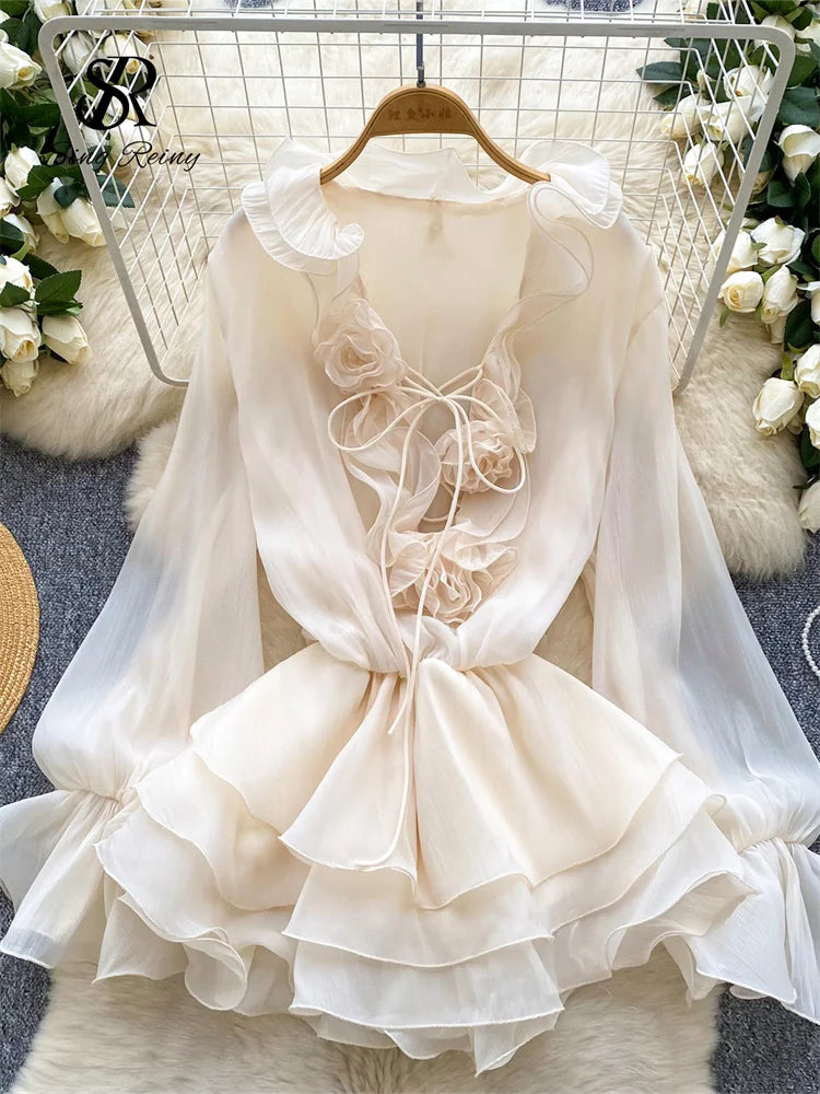 Boho 3D Floral Chiffon Sundress With Long Sleeves Lace Up Ruffle Detail
