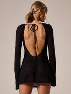 A Line Knit Mini Dress With Slash Neck And Bell Sleeves