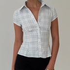 Vintage Plaid Button Down Shirt For Women Short Sleeve Blouse