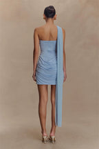 One Shoulder Backless Mini Dress With Draped Ruched Silhouette