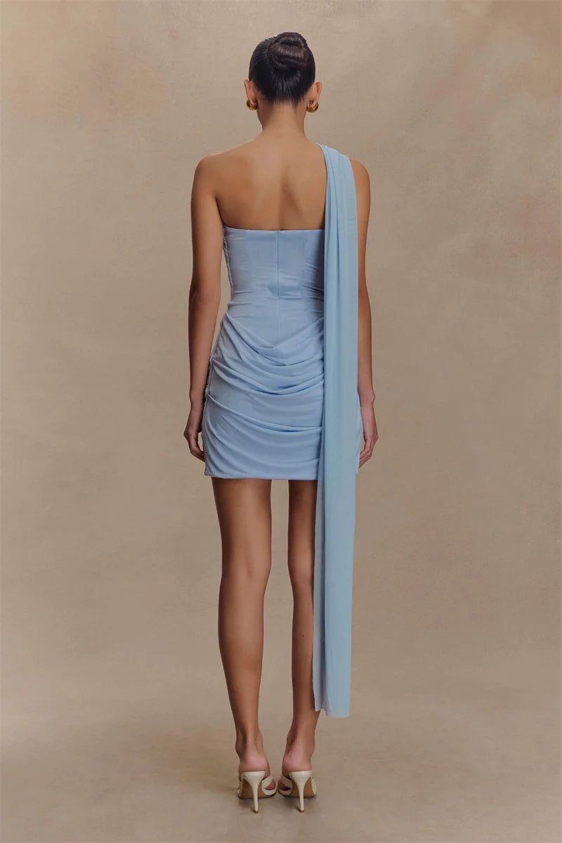One Shoulder Backless Mini Dress With Draped Ruched Silhouette