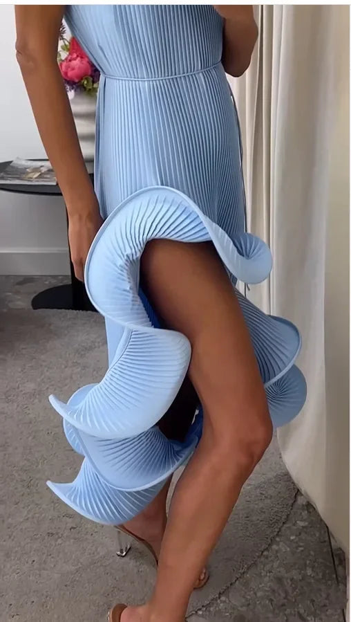 Sexy Knot Waist Lace Trim Midi Dress Sleeveless High Collar