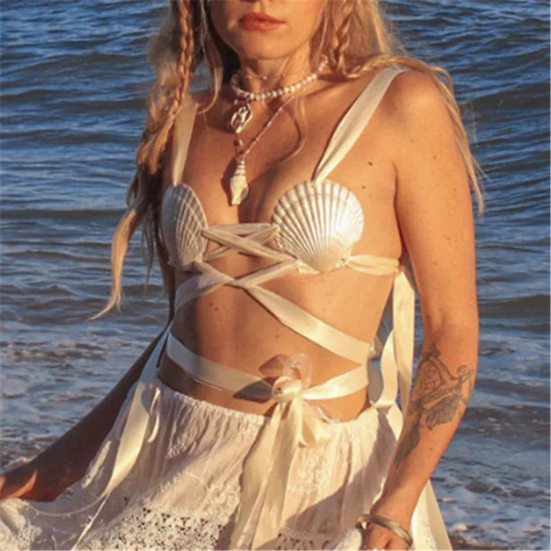 Women's Seashell Bikini Top White Ribbon Tie Straps Mermaid Core Swimwear