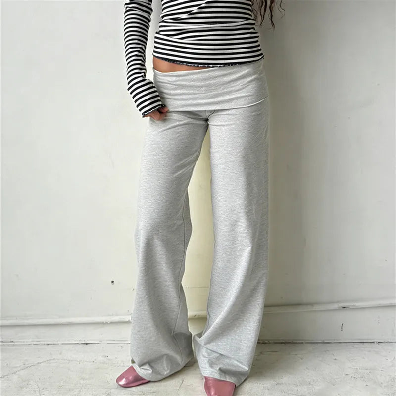 Soft Wide Leg Trousers With Fold Over Waist Solid Color Casual Bottoms