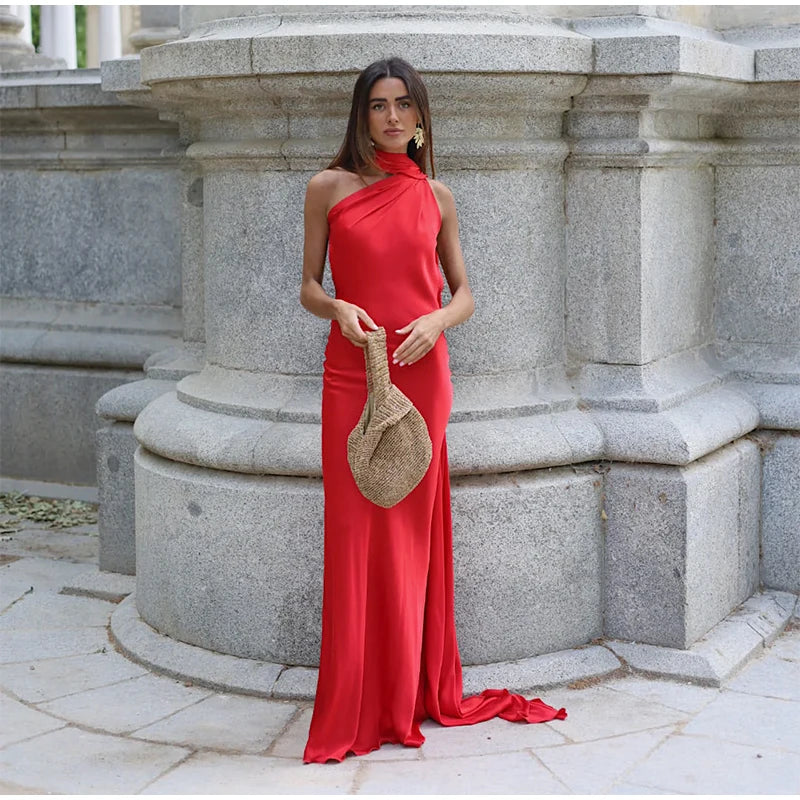 Sexy Satin Ribbon Backless Halter Dress For Elegant Evening Gown