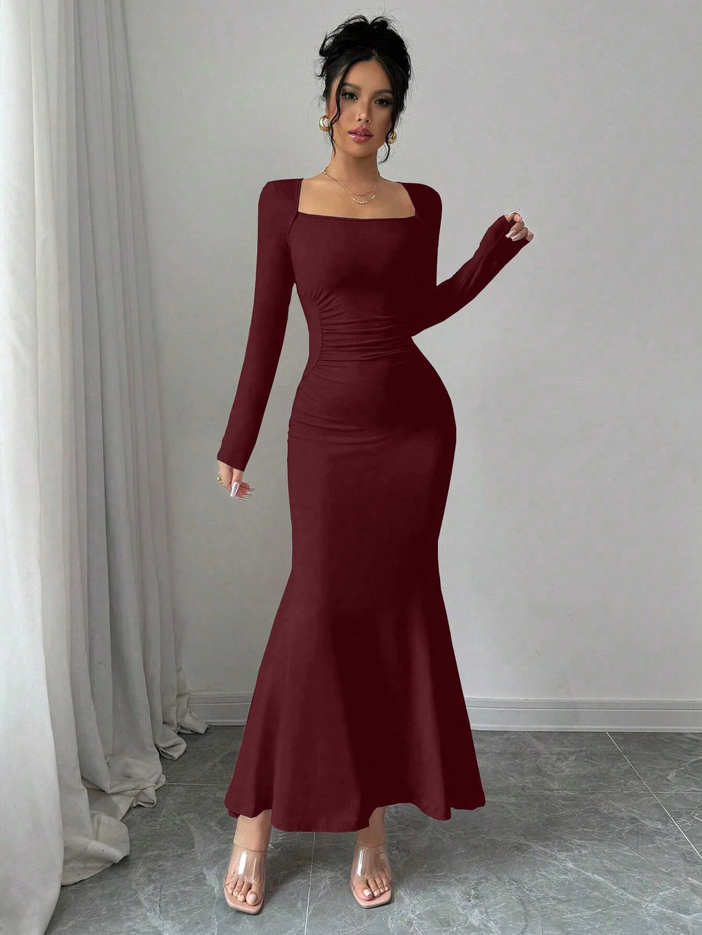 Retro Square Collar Dress With Long Sleeves In Solid Color