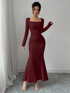 Retro Square Collar Dress With Long Sleeves In Solid Color