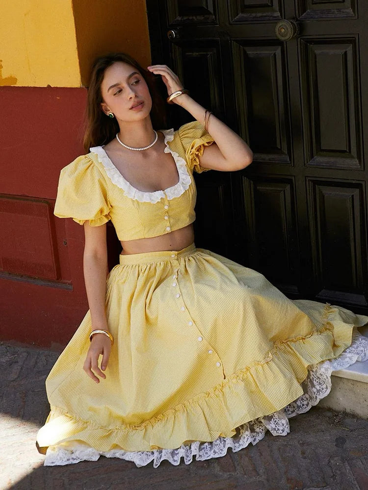 Yellow Gingham Lace Top And Skirt Set Vintage