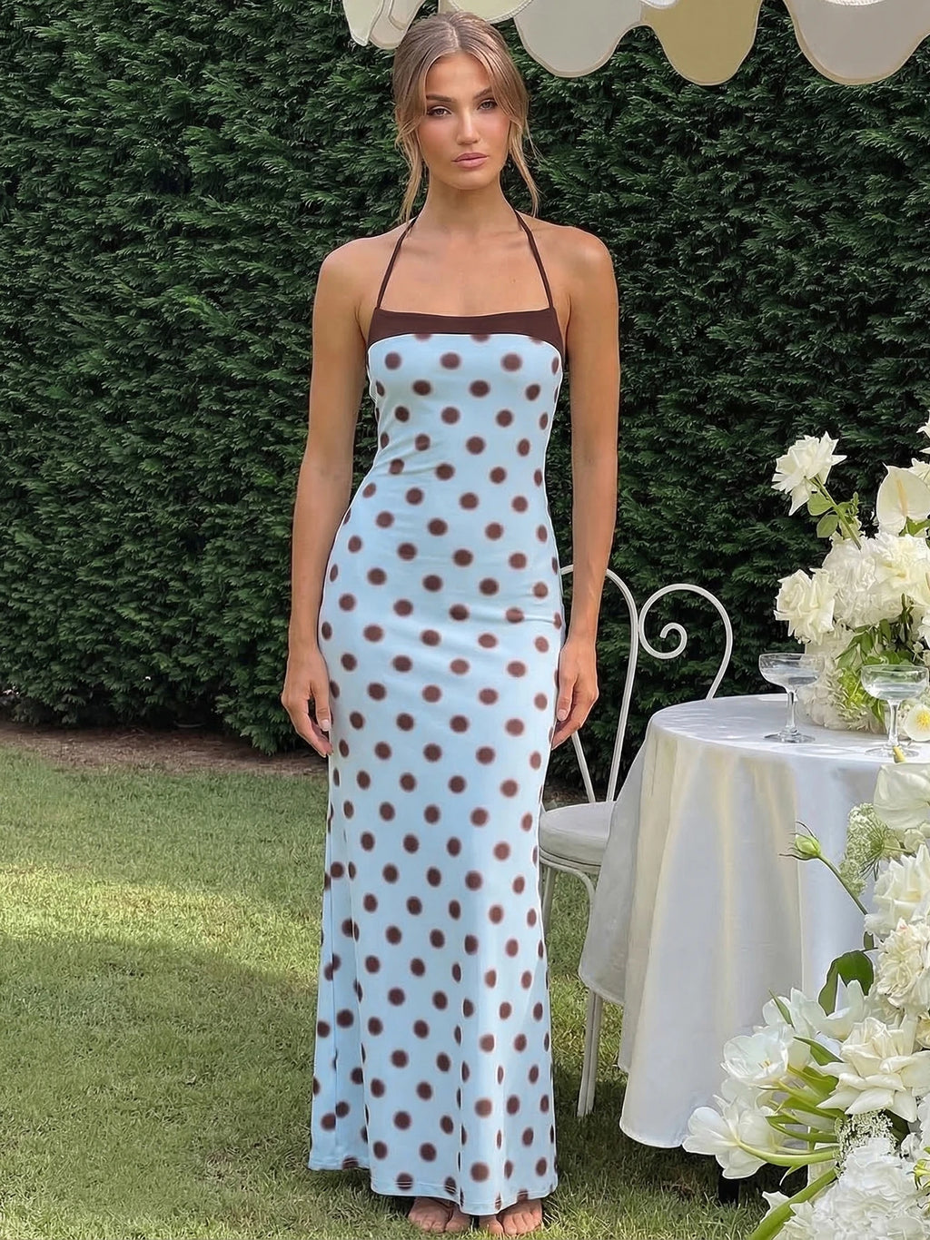 Blue Polka Dot Halter Maxi Dress For Women Color Block Backless Lace Up