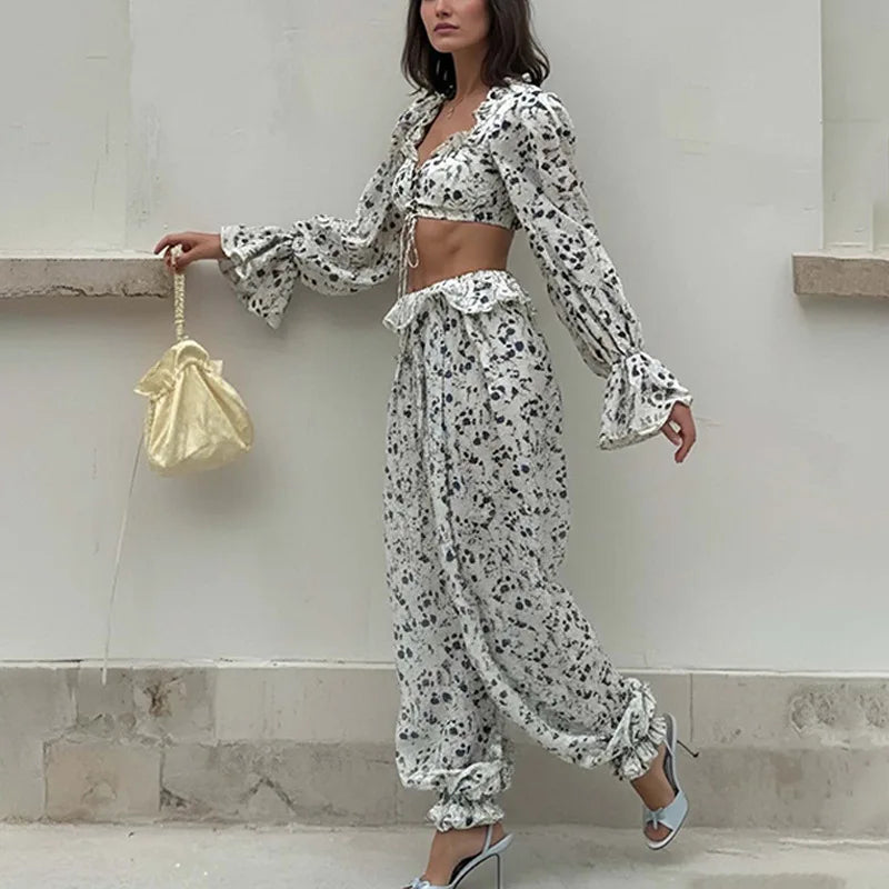 Breezy Ruffle Set With Lightweight Top And Flowing Trousers Casual Style