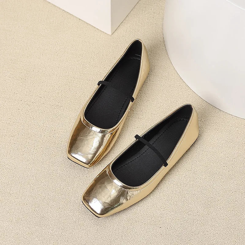 Metallic Square-Toe Mary Janes Slip-On Flats
