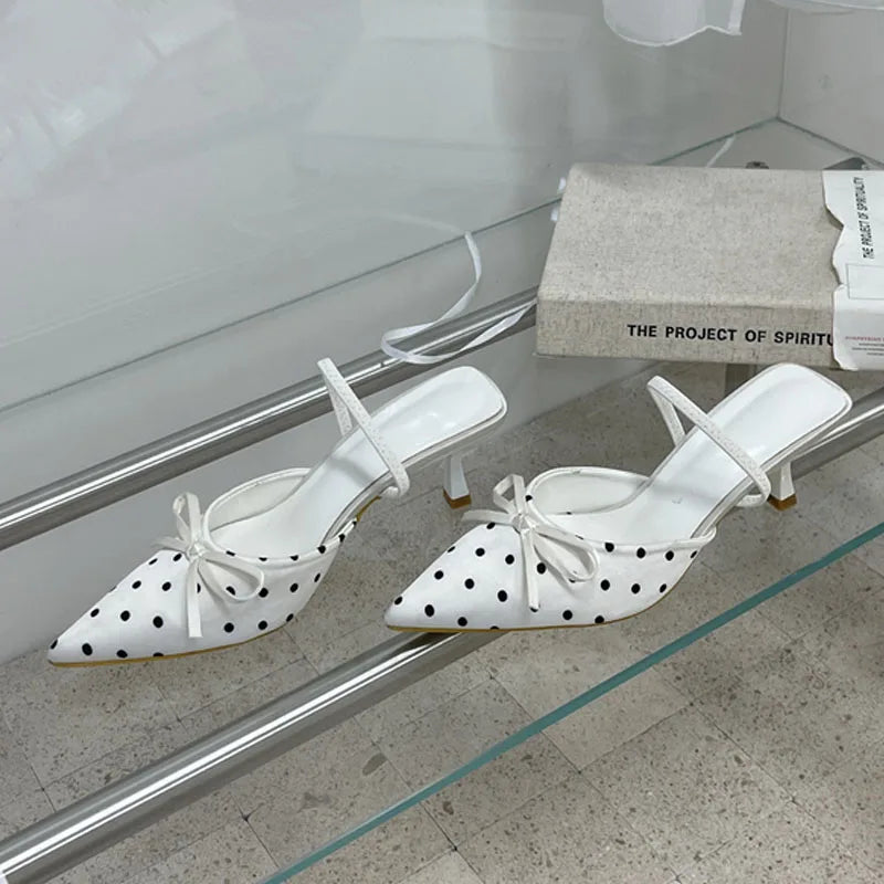 Satin Butterfly Polka Dot Pointed Toe Mules For Women Low Heel Pumps