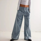 Denim Pull-On Jeans With High Waist Baggy Straight Leg Stretchy Full Length Trousers Nineties Inspired Streetwear
