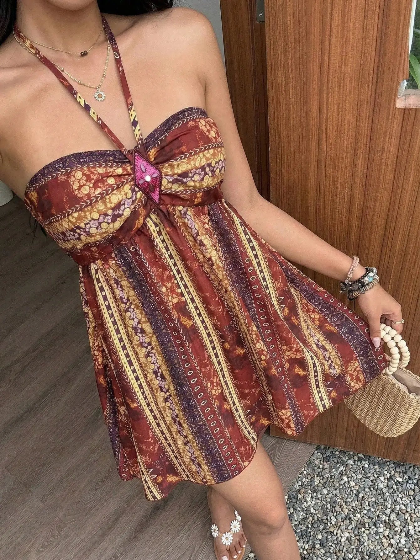 Bohemian Paisley Sequin Halter Mini Dress With Rhombus Print