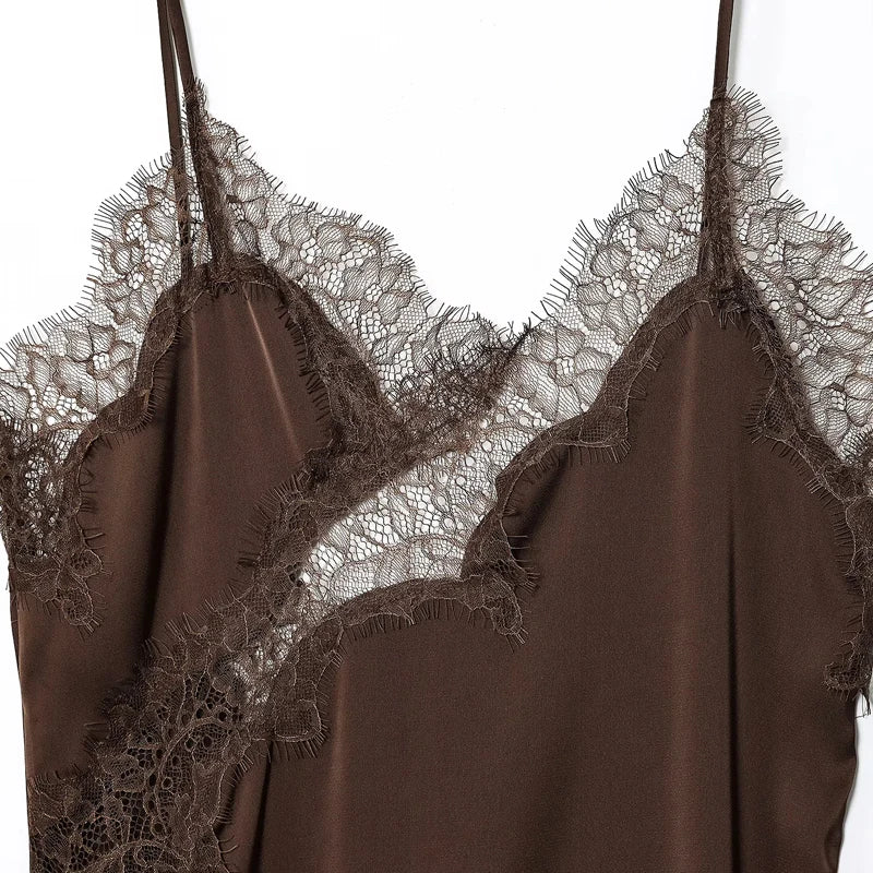 Satin Elegant Backless Lace Slip Dress