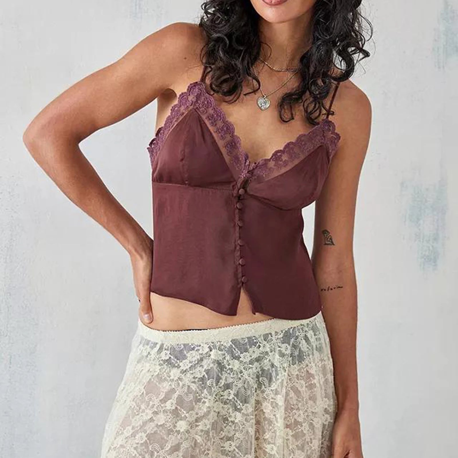 Dreamy V Neck Lace Trim Spaghetti Tank Top With Backless
