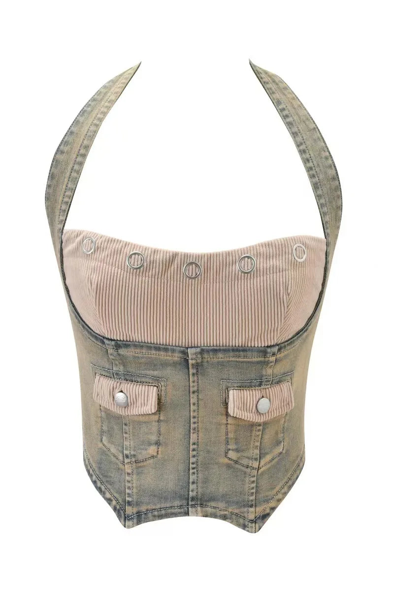 L Corduroy Panel Denim Halter Bustier Top + Flare Jeans