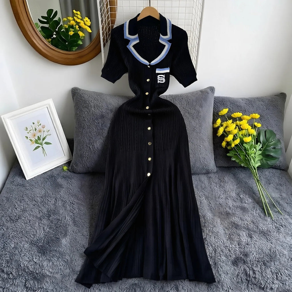Vintage Inspired Turn Down Collar Knit Maxi Shirt Dress