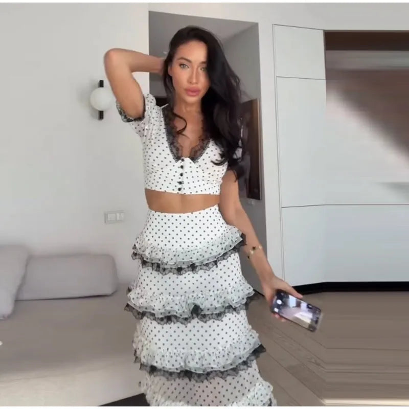Polka Dot Chic Set With V Neck Crop Top And Ruffle Skirt