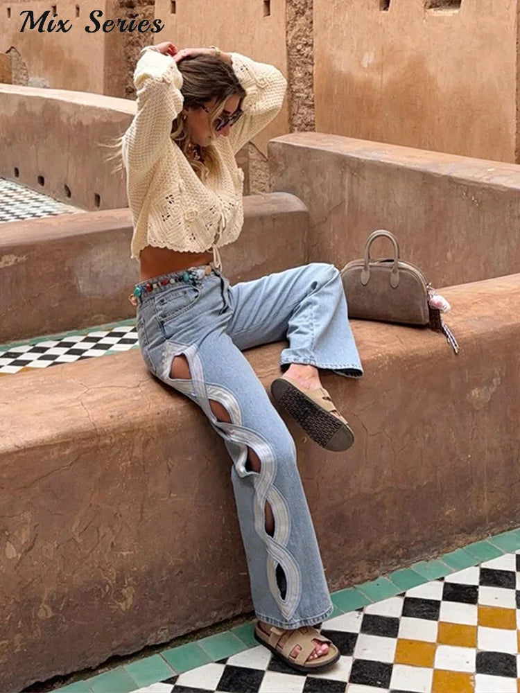 Side Hollow Out High Waist Jeans With Straight Leg Denim