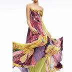 Off Shoulder Pleated Long Party Dress With Print