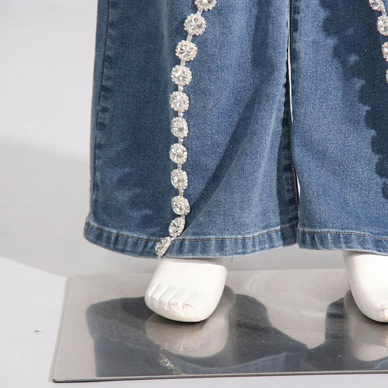 Glimmering Rhinestone Patchwork Denim With Loop Detail For A Chic Straight Leg Silhouette