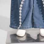 Glimmering Rhinestone Patchwork Denim With Loop Detail For A Chic Straight Leg Silhouette