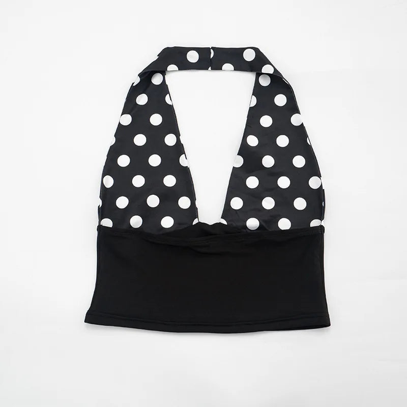 Patchwork Polka Dot Print Two Piece Set With Backless Halter Crop Top And Pleated Waist Capri Pants