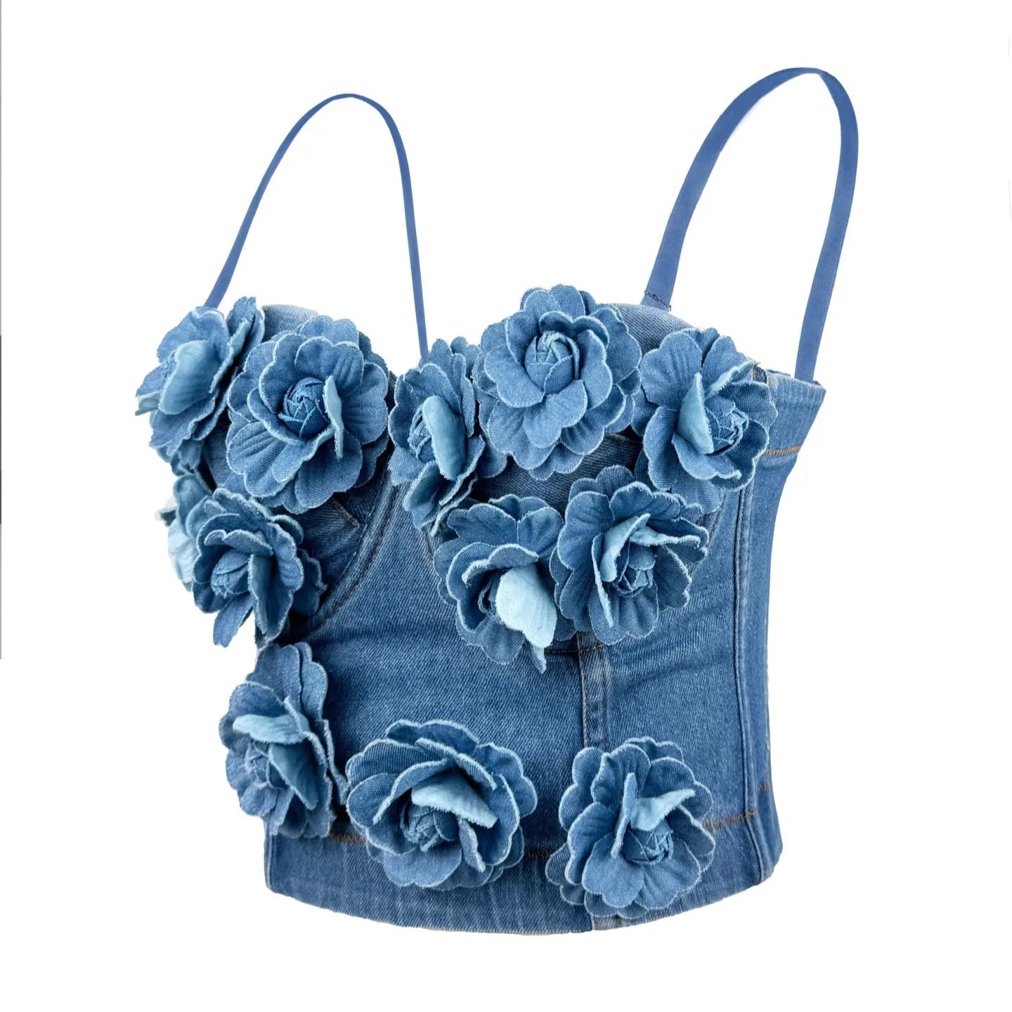 Handmade Beaded Flower Embellishment Denim Corset Vest Top