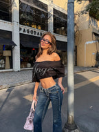 Shimmering Letter Rhinestone Tee Off Shoulder Top With Skew Collar