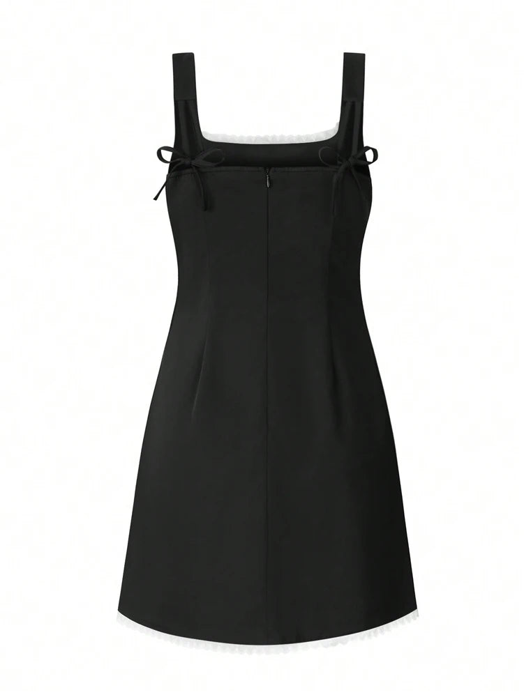 Lace Trim Camisole Mini Dress in Solid Polyester with Square Neck and Sleek
