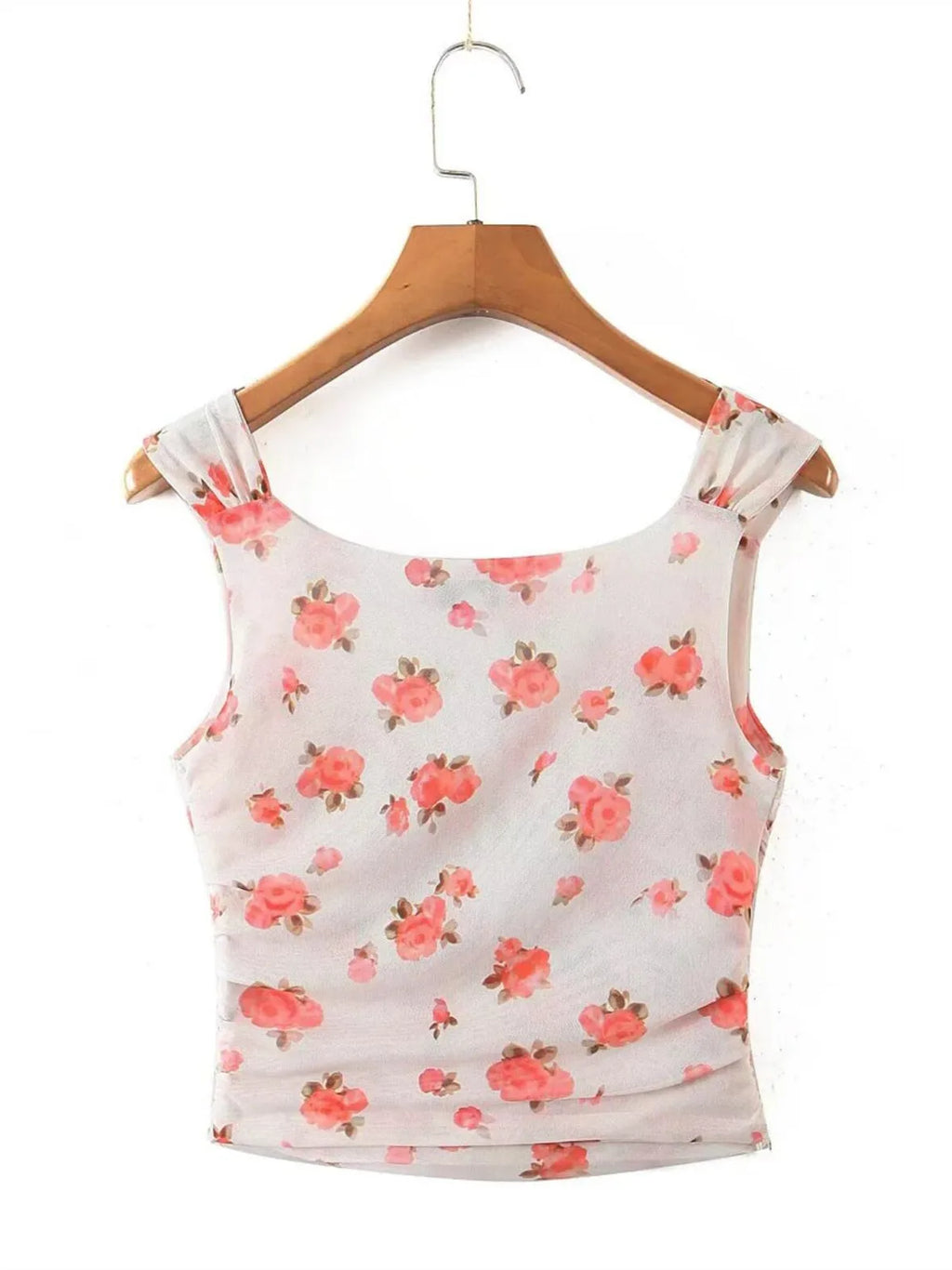 Apricot Floral Mesh Tank Top With V Neck And Ruched Corset Silhouette Sleeveless Crop Cami